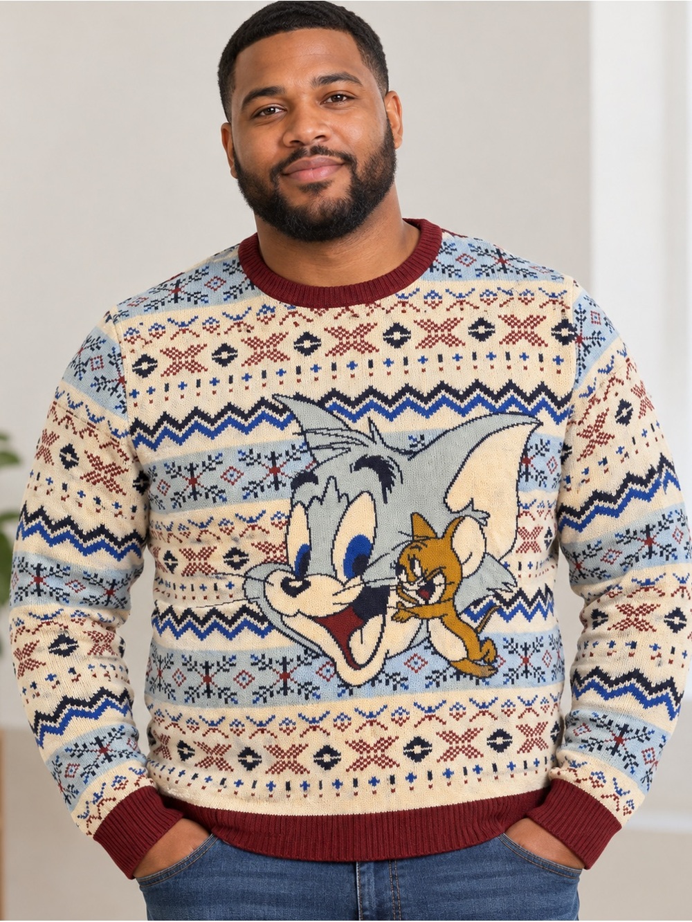 Tom & Jerry Fair Isle Men's Sweater Pajama Top - Cream, Light Blue, Rust